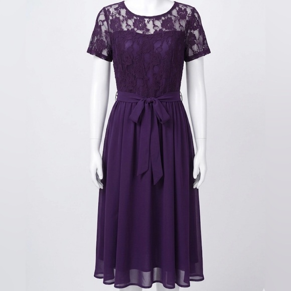 Nemidor Dresses & Skirts - Nemidor Elegant Purple Floral Lace Midi Dress with Waist Tie Plus Size 14